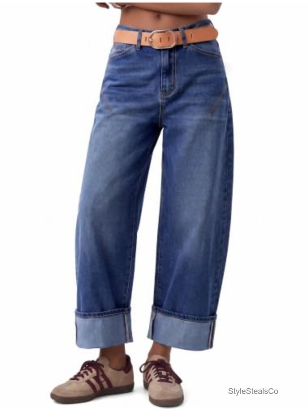 Barrel Wide Leg Cuffed Jeans Stretch Cotton Blend Mid Rise